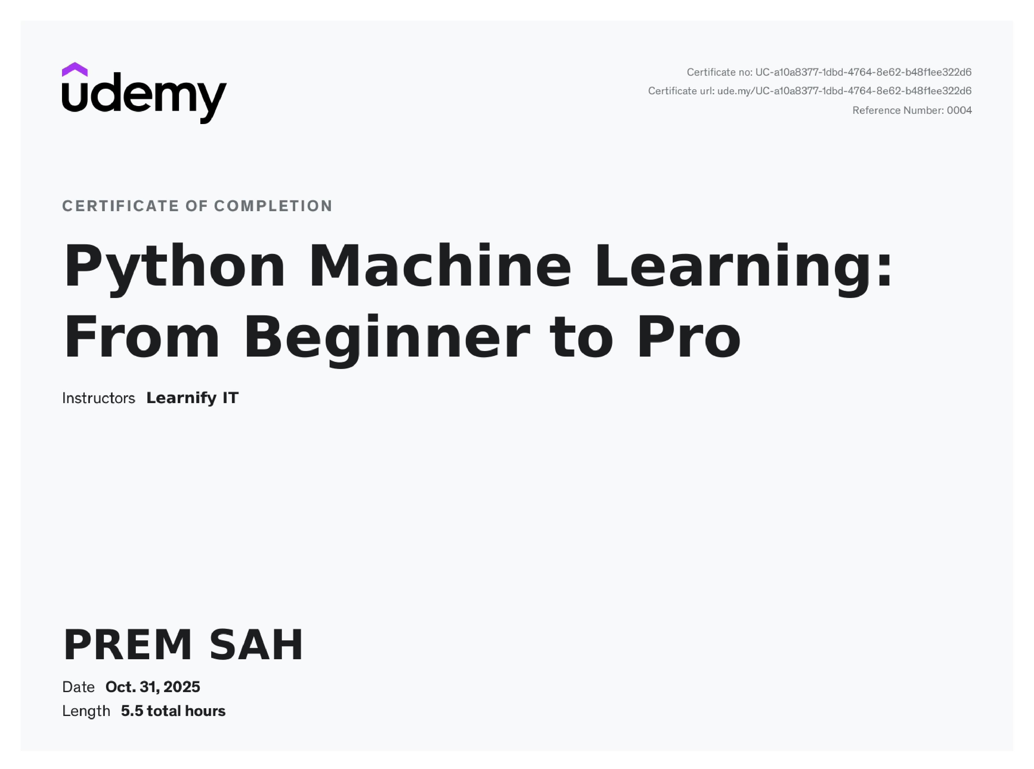 Machine Learning Certificate